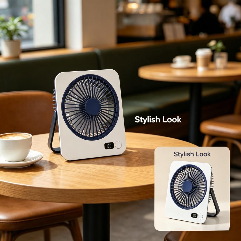 USB Desktop Fan – Foldable, 5-Speed, Power Display, Rechargeable