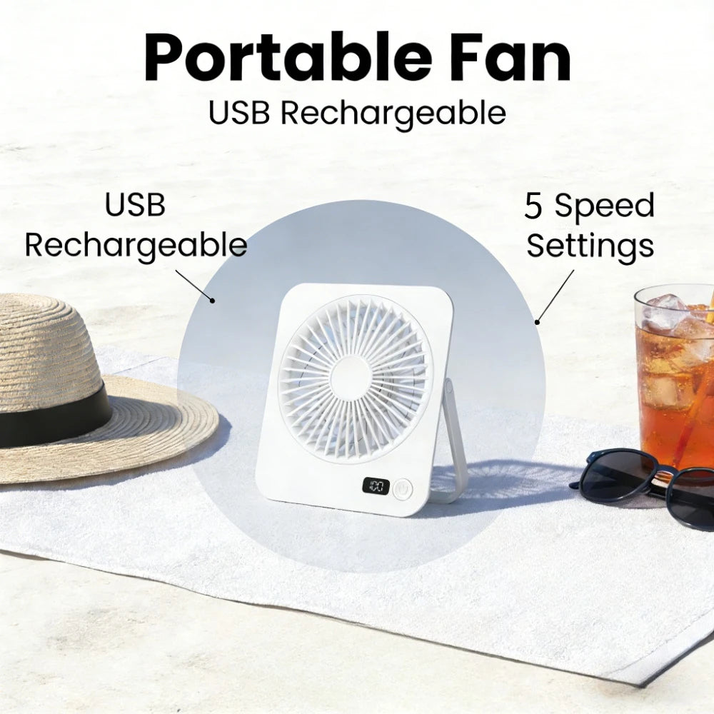 USB Desktop Fan – Foldable, 5-Speed, Power Display, Rechargeable