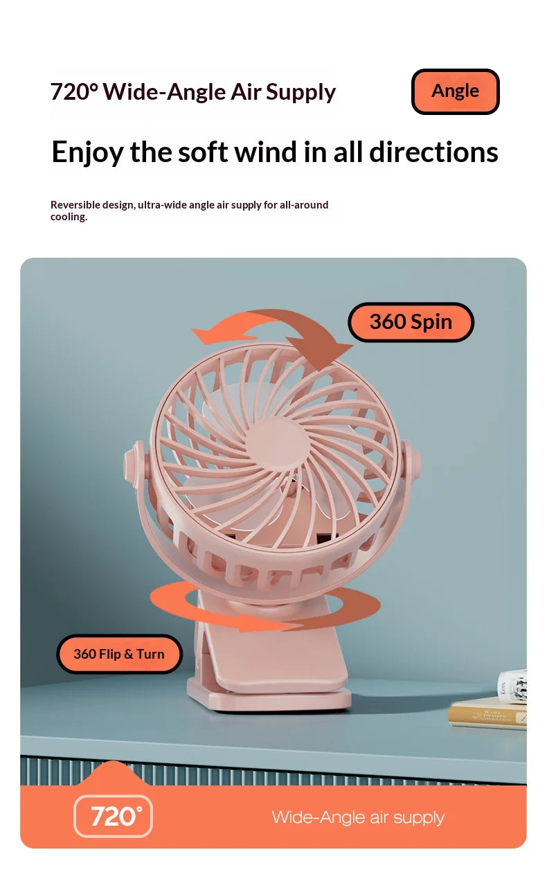 Clip Fan – 720° Rotatable, Night Light, USB Rechargeable, Portable