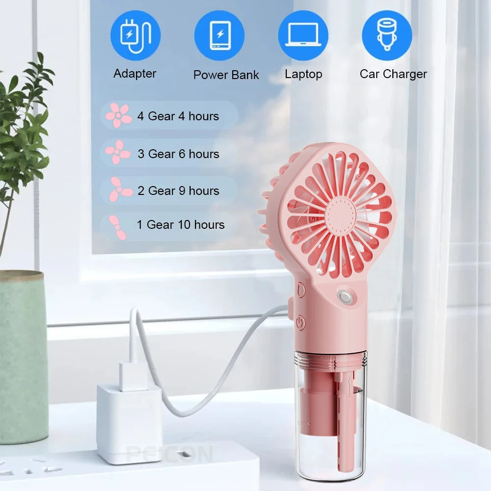 2-in-1 Mist Spray Fan – USB Rechargeable, 4-Speed, Handheld Humidifier Fan
