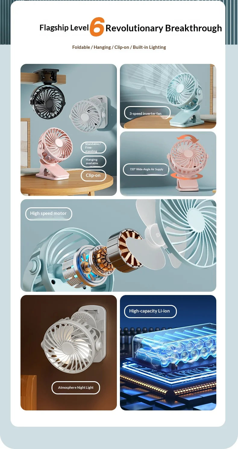 Clip Fan – 720° Rotatable, Night Light, USB Rechargeable, Portable