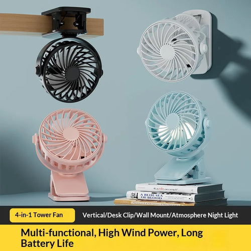 Clip Fan – 720° Rotatable, Night Light, USB Rechargeable, Portable