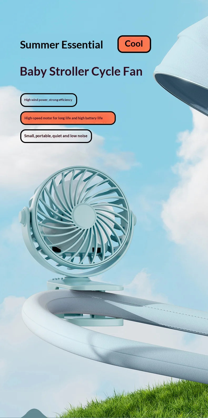 Clip Fan – 720° Rotatable, Night Light, USB Rechargeable, Portable