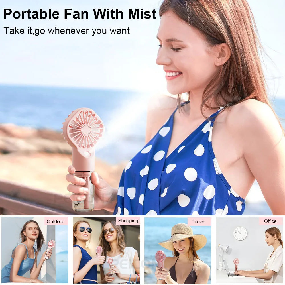 2-in-1 Mist Spray Fan – USB Rechargeable, 4-Speed, Handheld Humidifier Fan