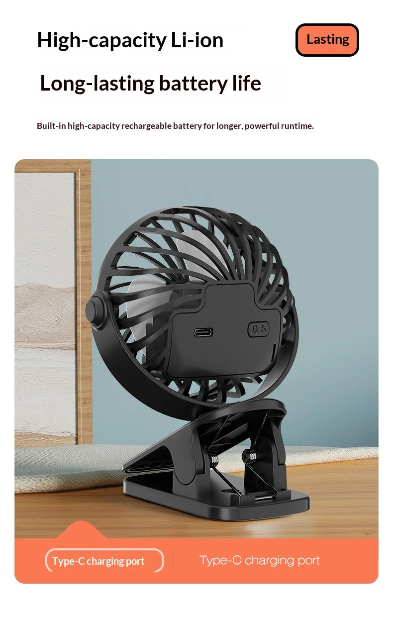 Clip Fan – 720° Rotatable, Night Light, USB Rechargeable, Portable