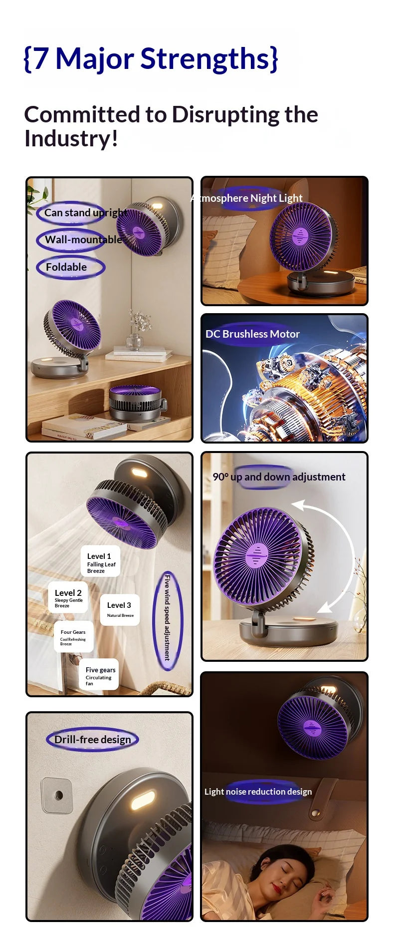 Foldable Wall Mount Fan – Glow-in-the-Dark, 5000mAh, High-Speed Circulation