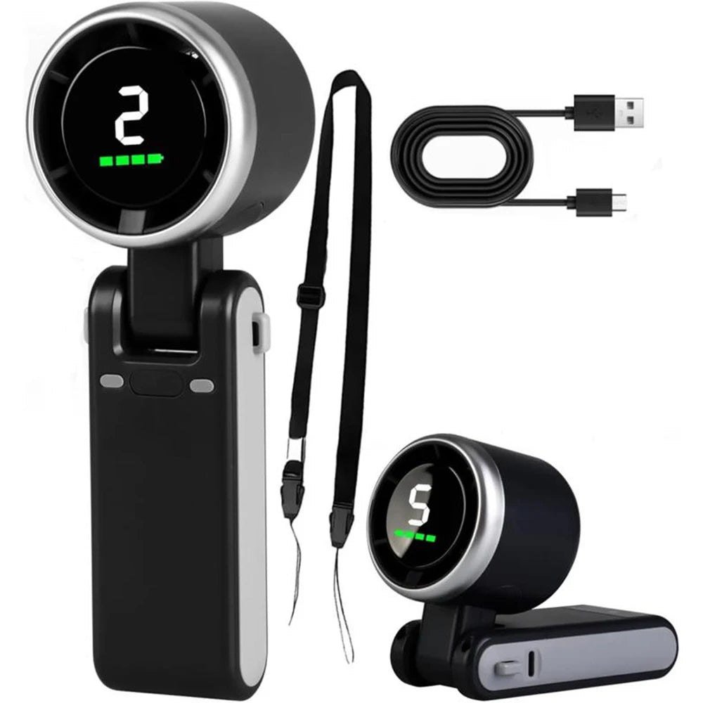 Portable 3-in-1 Turbo Handheld Fan, 5 High-Speed Settings, 3600mAh Power, Digital Screen, Foldable USB/Type-C Charge