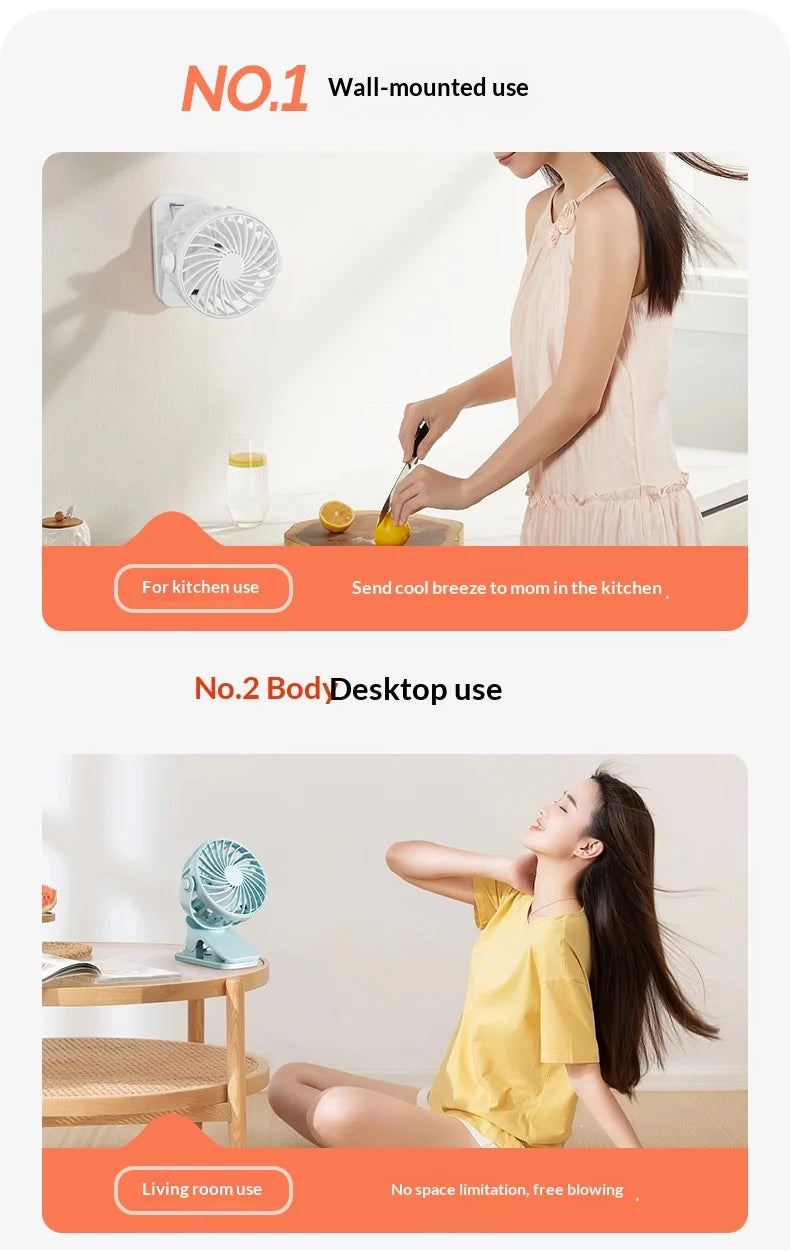 Clip Fan – 720° Rotatable, Night Light, USB Rechargeable, Portable