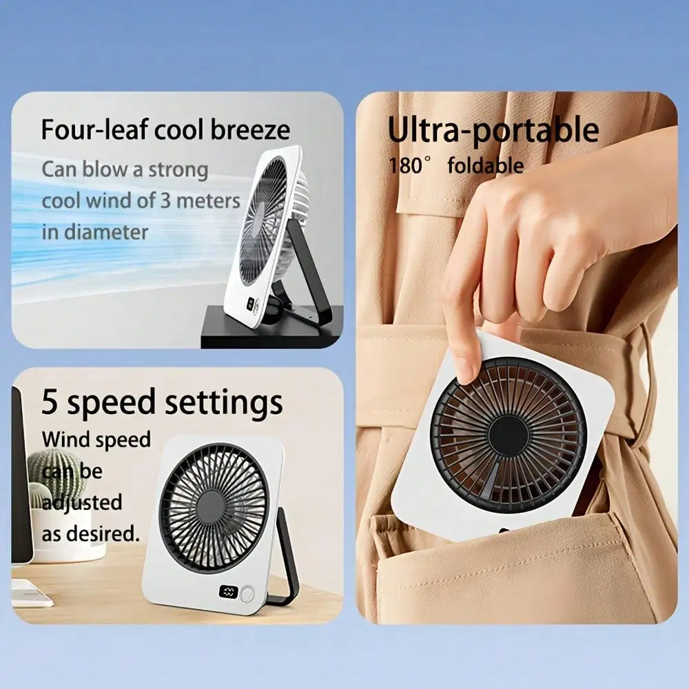USB Desktop Fan – Foldable, 5-Speed, Power Display, Rechargeable