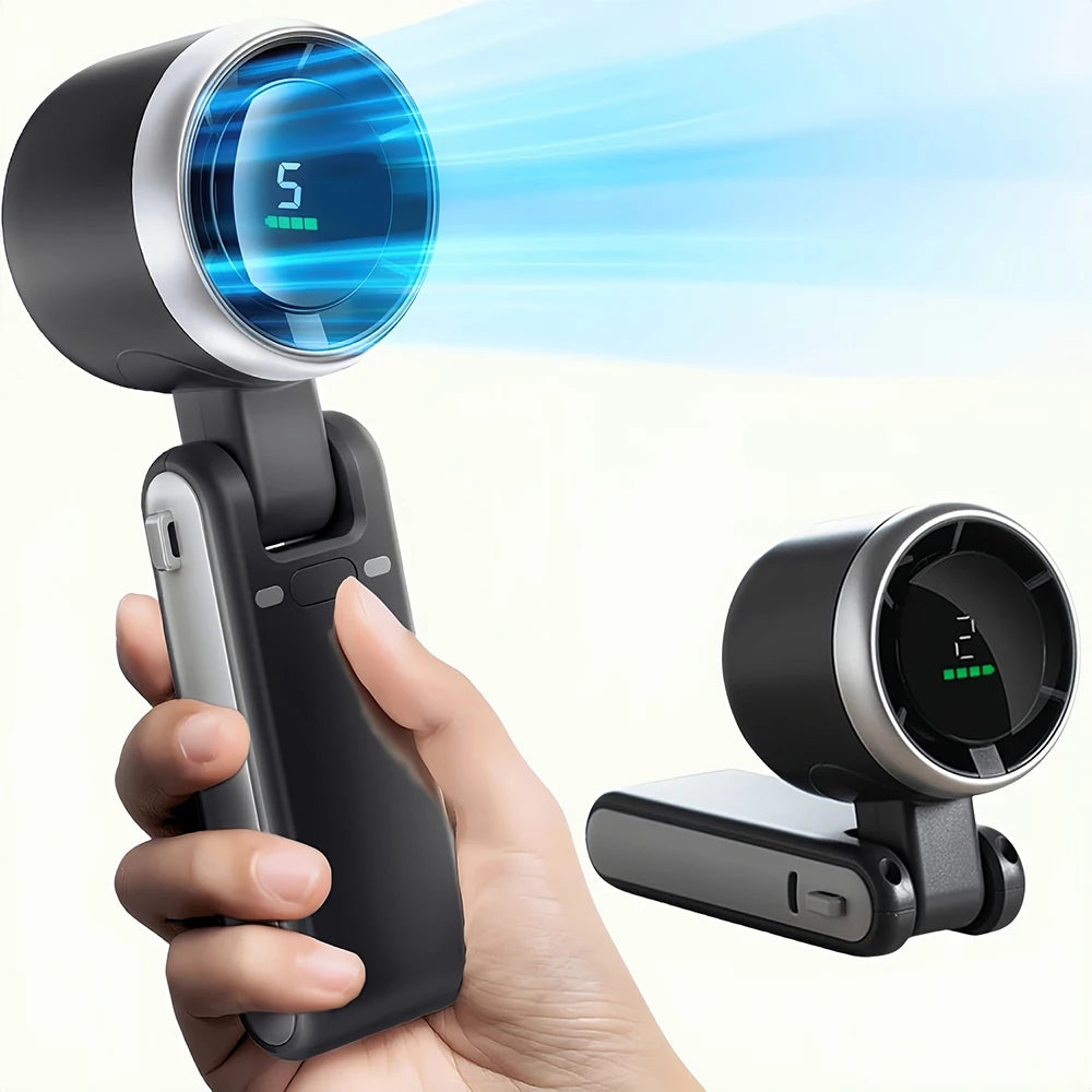 Portable 3-in-1 Turbo Handheld Fan, 5 High-Speed Settings, 3600mAh Power, Digital Screen, Foldable USB/Type-C Charge