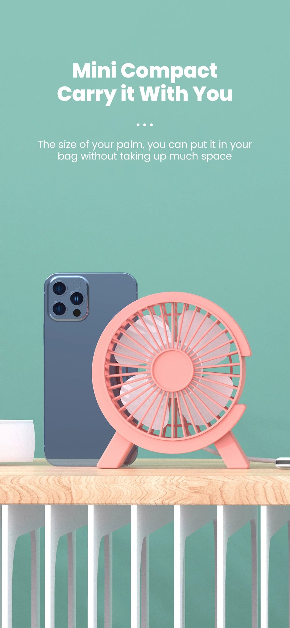 Mini USB Table Fan – High-Speed Turbo, Rechargeable, Dorm & Desk