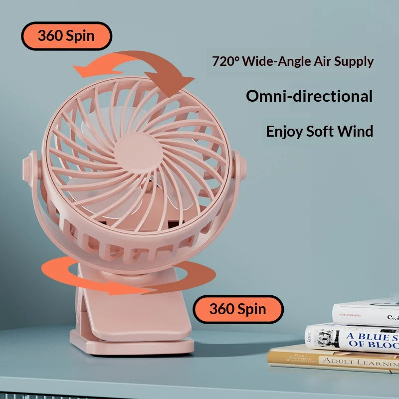 Clip Fan – 720° Rotatable, Night Light, USB Rechargeable, Portable