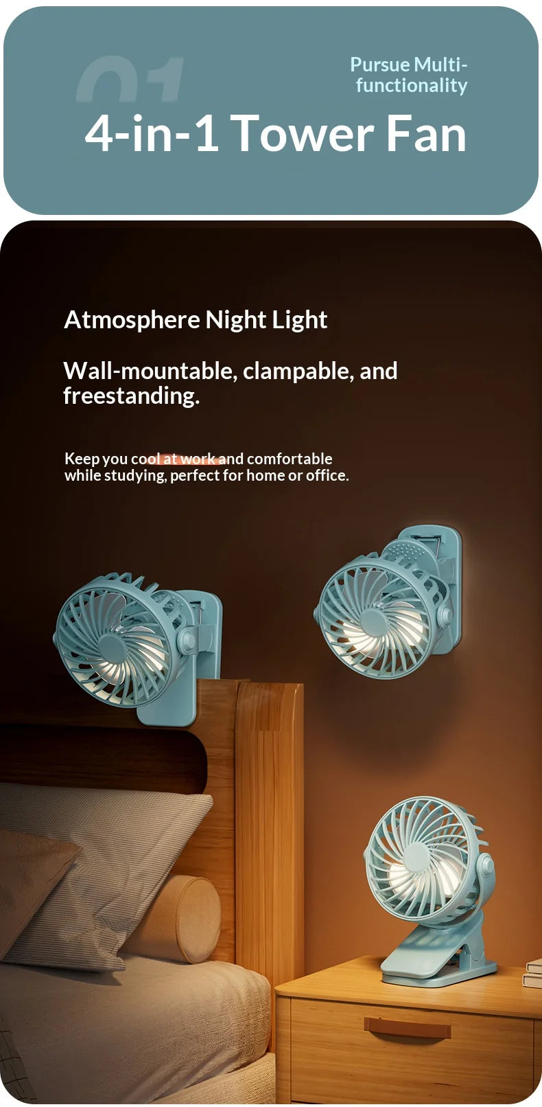 Clip Fan – 720° Rotatable, Night Light, USB Rechargeable, Portable