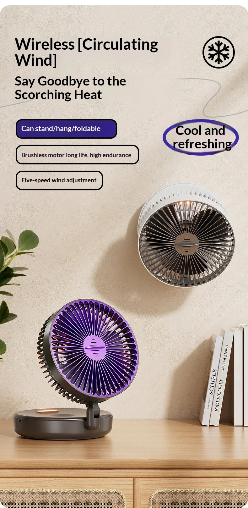 Foldable Wall Mount Fan – Glow-in-the-Dark, 5000mAh, High-Speed Circulation