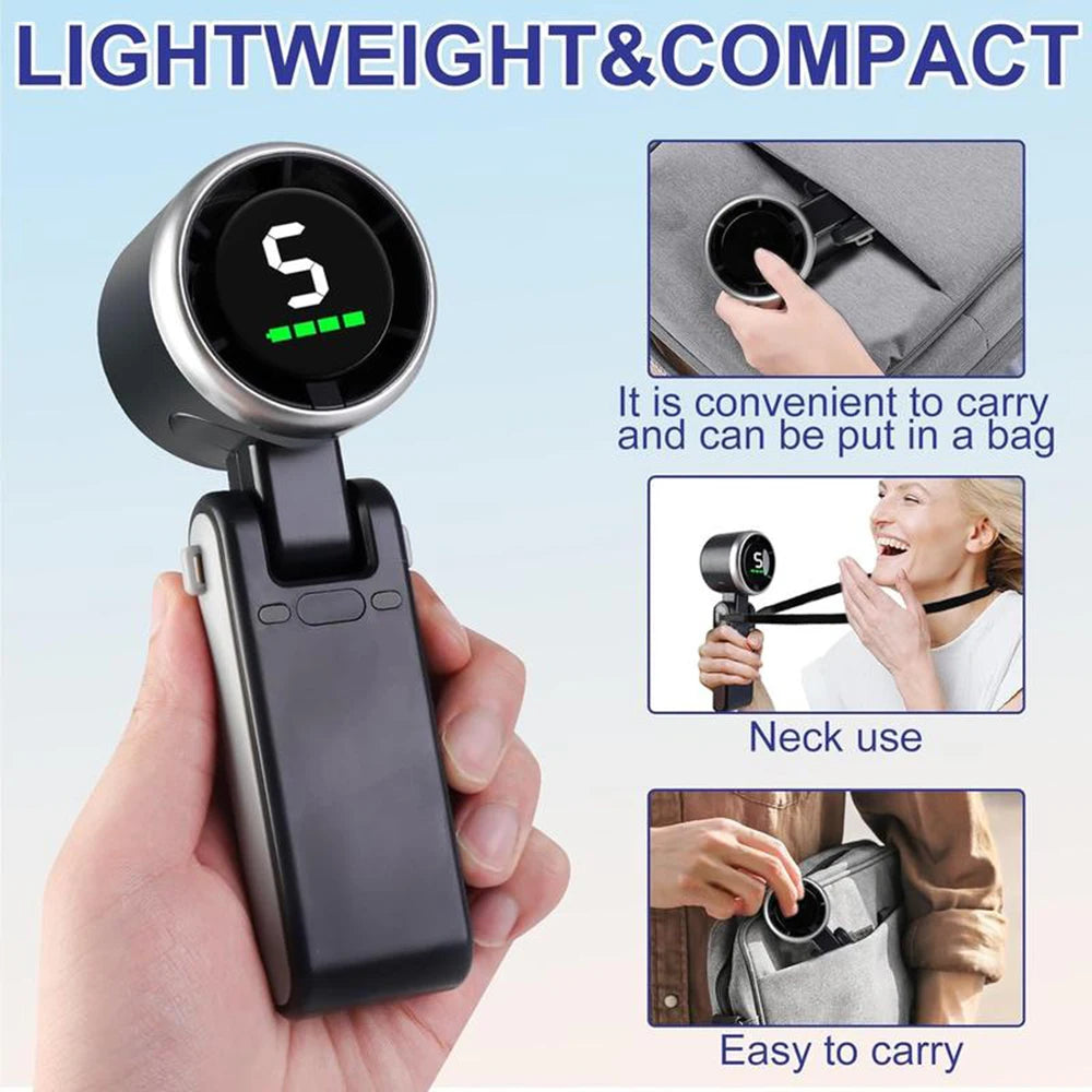 Portable 3-in-1 Turbo Handheld Fan, 5 High-Speed Settings, 3600mAh Power, Digital Screen, Foldable USB/Type-C Charge