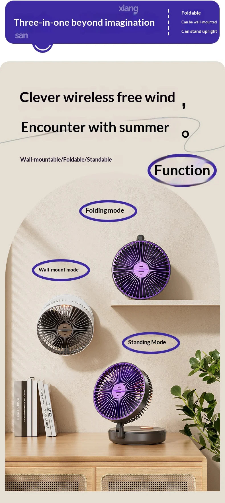 Foldable Wall Mount Fan – Glow-in-the-Dark, 5000mAh, High-Speed Circulation