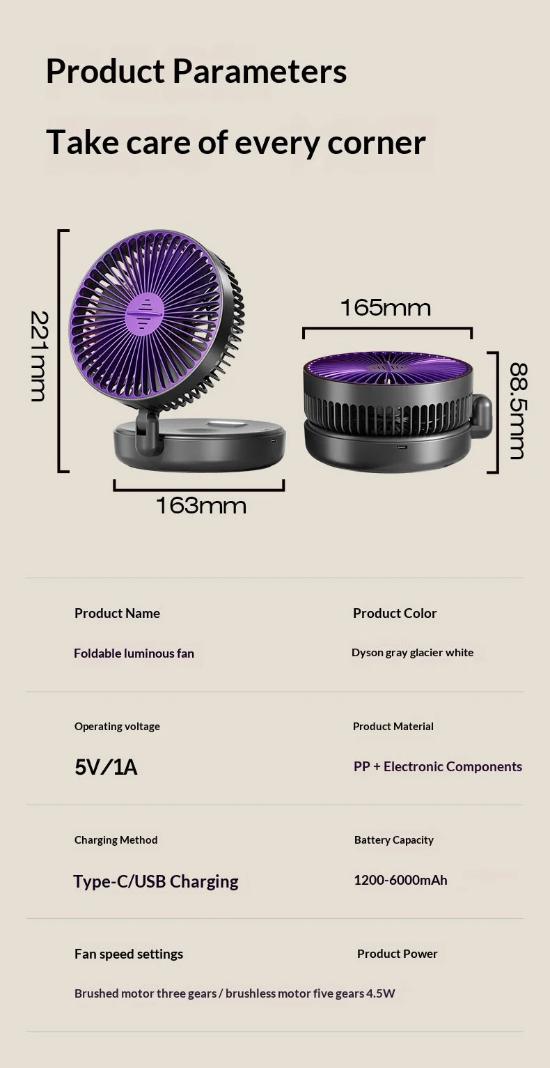 Foldable Wall Mount Fan – Glow-in-the-Dark, 5000mAh, High-Speed Circulation