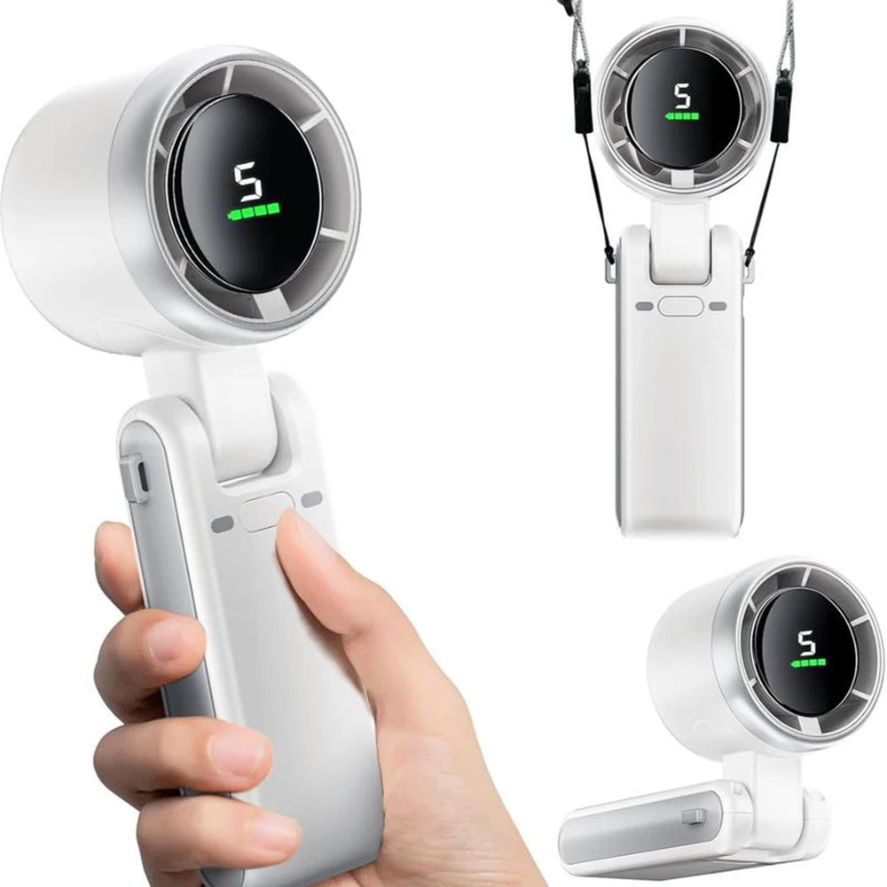 Portable 3-in-1 Turbo Handheld Fan, 5 High-Speed Settings, 3600mAh Power, Digital Screen, Foldable USB/Type-C Charge