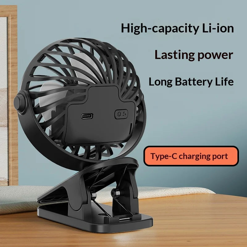 Clip Fan – 720° Rotatable, Night Light, USB Rechargeable, Portable