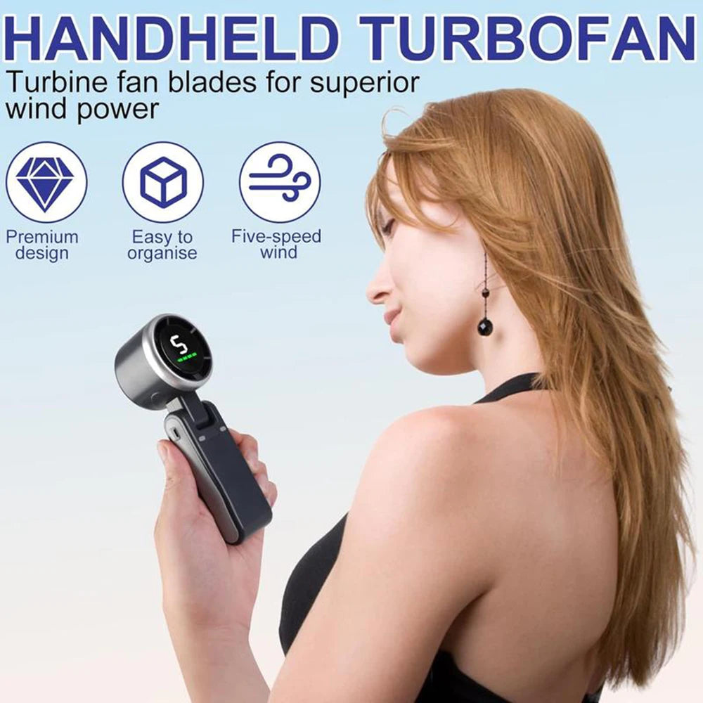 Portable 3-in-1 Turbo Handheld Fan, 5 High-Speed Settings, 3600mAh Power, Digital Screen, Foldable USB/Type-C Charge