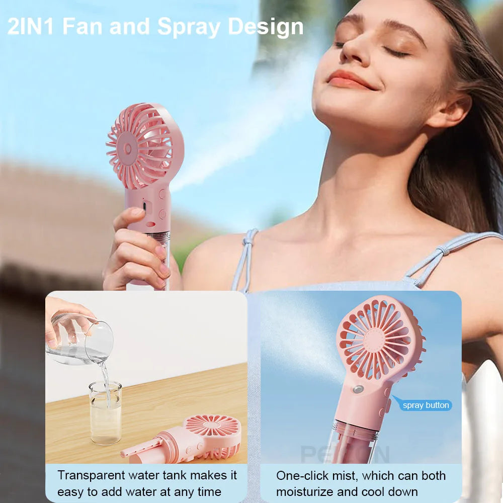 2-in-1 Mist Spray Fan – USB Rechargeable, 4-Speed, Handheld Humidifier Fan