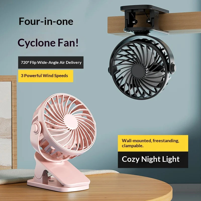 Clip Fan – 720° Rotatable, Night Light, USB Rechargeable, Portable
