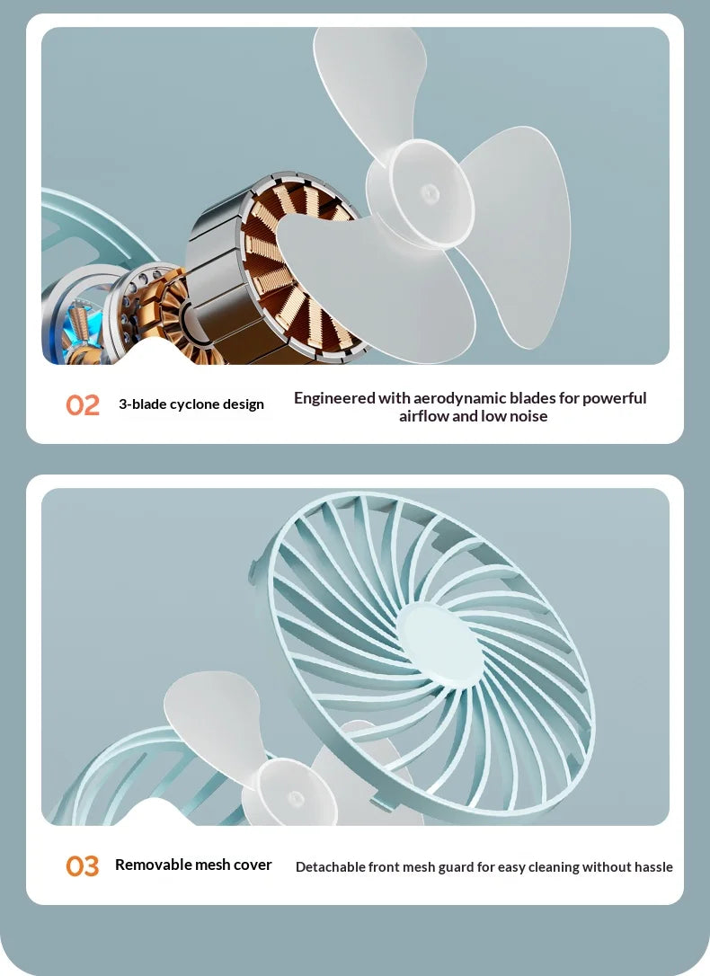 Clip Fan – 720° Rotatable, Night Light, USB Rechargeable, Portable