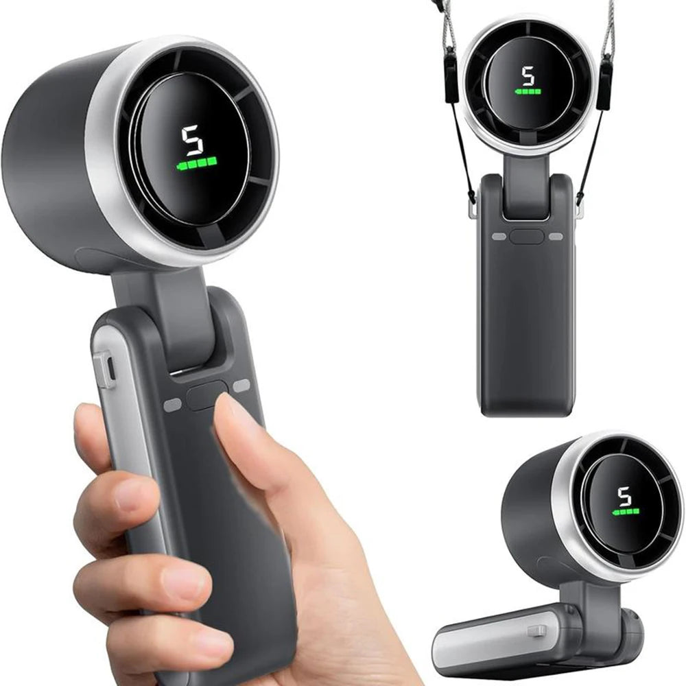 Portable 3-in-1 Turbo Handheld Fan, 5 High-Speed Settings, 3600mAh Power, Digital Screen, Foldable USB/Type-C Charge