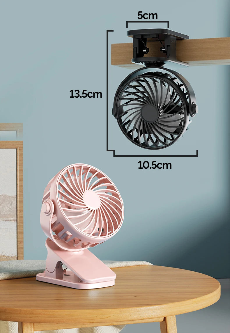 Clip Fan – 720° Rotatable, Night Light, USB Rechargeable, Portable