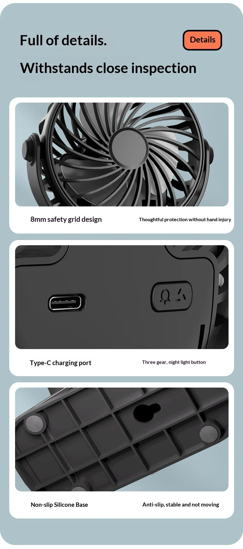 Clip Fan – 720° Rotatable, Night Light, USB Rechargeable, Portable
