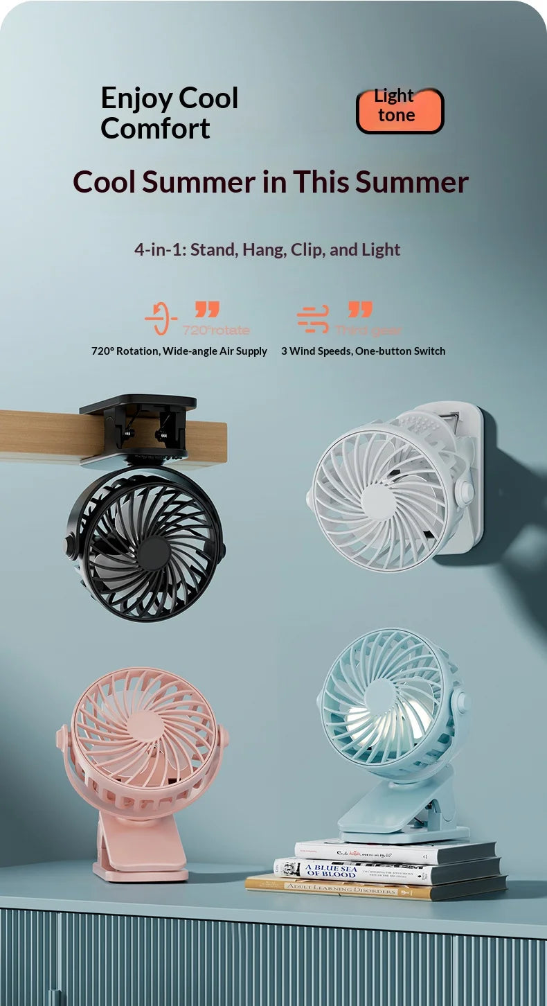 Clip Fan – 720° Rotatable, Night Light, USB Rechargeable, Portable