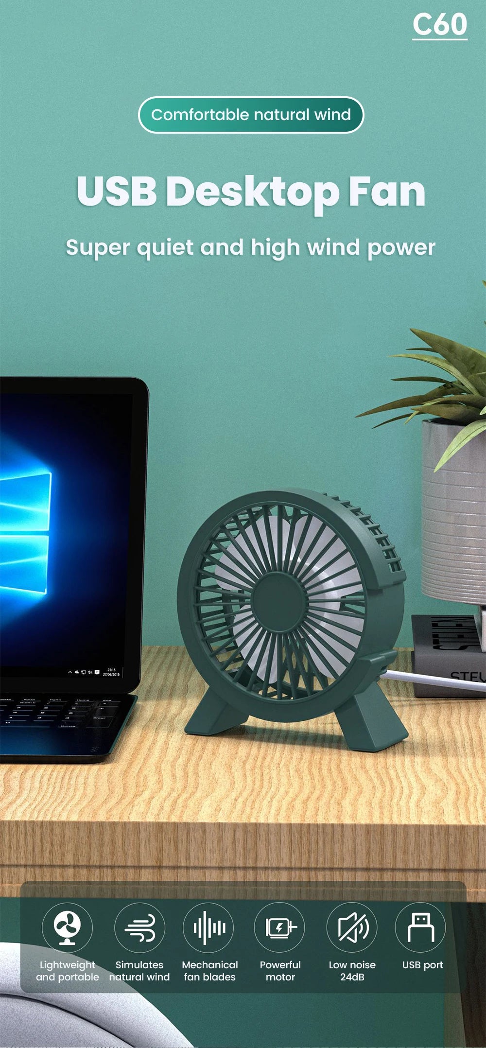 Mini USB Table Fan – High-Speed Turbo, Rechargeable, Dorm & Desk