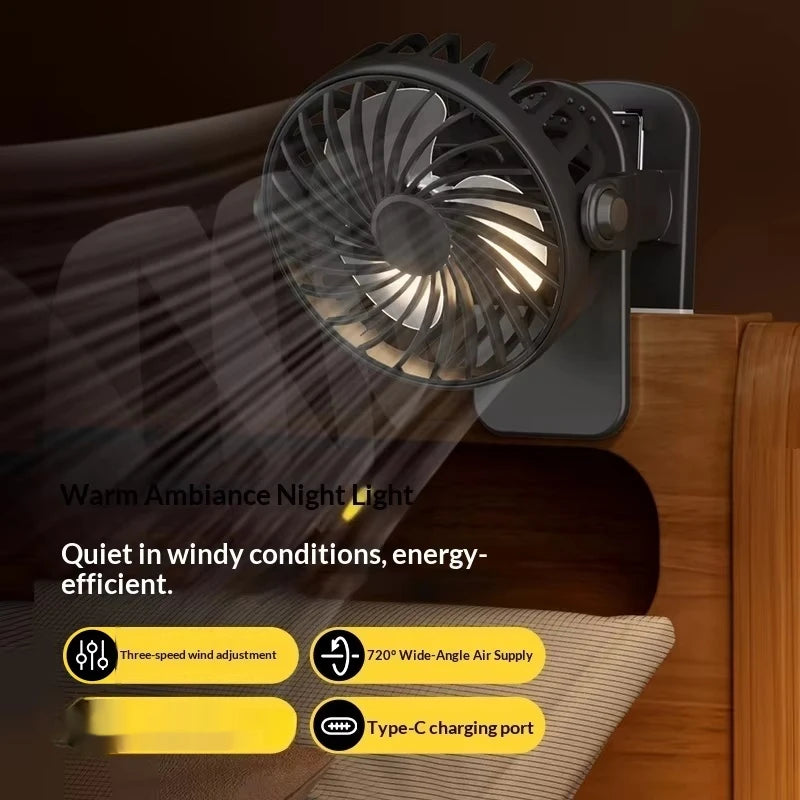Clip Fan – 720° Rotatable, Night Light, USB Rechargeable, Portable