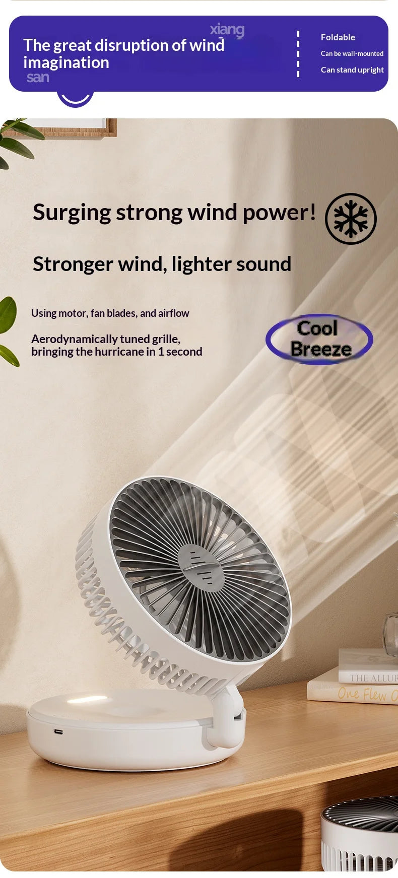 Foldable Wall Mount Fan – Glow-in-the-Dark, 5000mAh, High-Speed Circulation